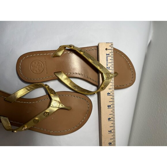 Tory Burch Ricki Logo Studded Gold Leather Flat Thong Flip Flops Sandals Size 6 - Picture 7 of 10